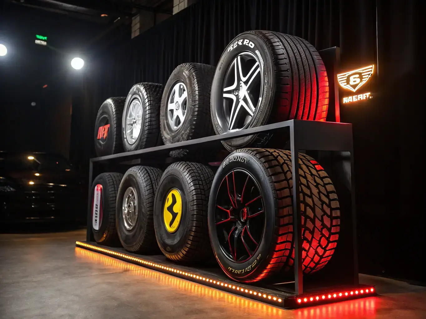 An image showcasing a variety of tires mounted on different vehicles, highlighting quality and diversity, set against a backdrop of a modern tire shop.