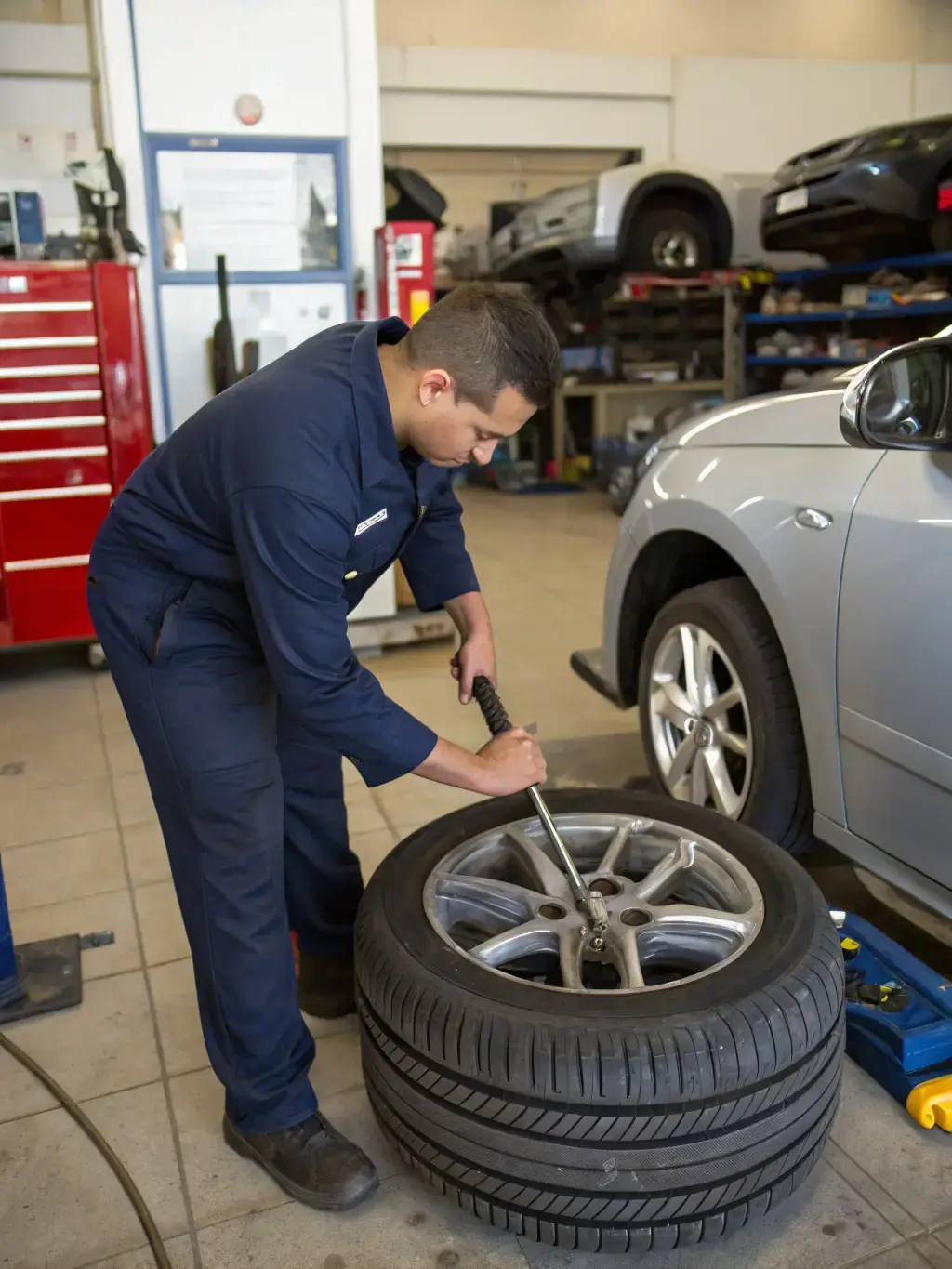 A close-up shot of a mechanic expertly fitting a new tire onto a car wheel in a well-equipped auto repair shop, emphasizing precision and care.