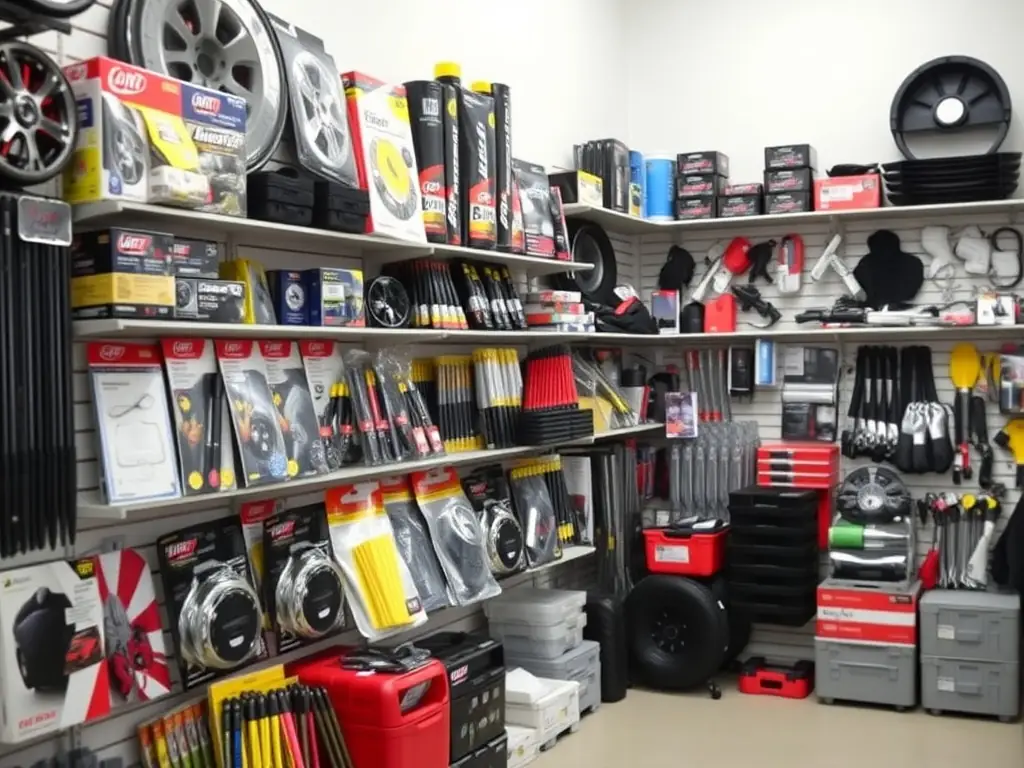 A well-organized display of various automotive accessories, including air filters, oil filters, and spark plugs, neatly arranged on shelves in a retail setting. The focus is on the quality and variety of the products offered by TIRES UNLIMITED INTERNATIONAL CORP.