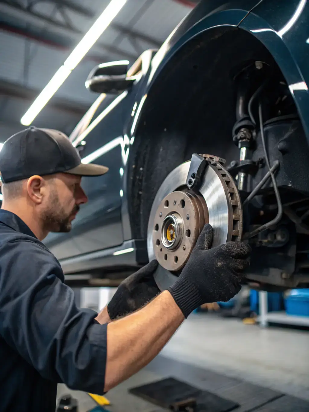 A mechanic inspecting brake pads and rotors during a brake service, emphasizing safety and reliability.
