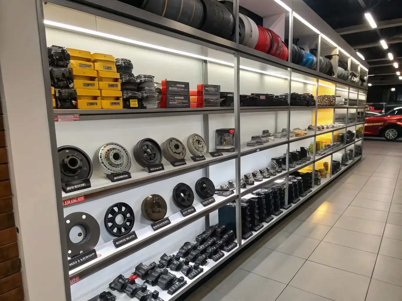 A display of various auto parts and accessories arranged neatly on shelves in a well-organized auto parts store.