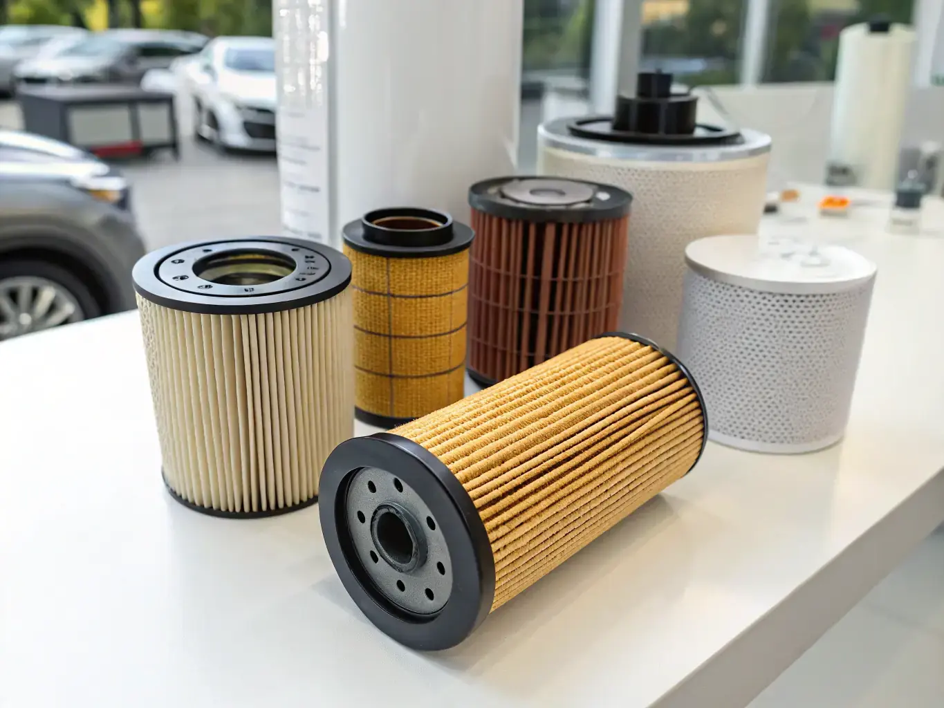 A well-organized display of various automotive filters (oil, air, cabin), neatly arranged on a shelf with clear labeling.