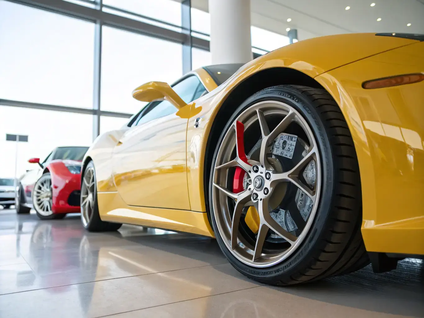 A close-up shot of a set of gleaming alloy wheels, with a reflection of a cityscape in their polished surface.
