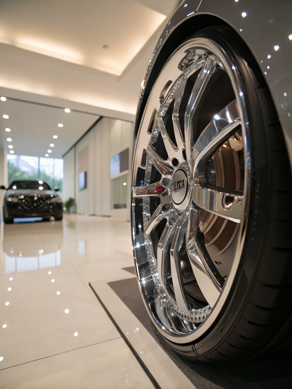 Close-up of a selection of gleaming alloy wheels displayed on a rack, showcasing different styles and finishes available at TIRES UNLIMITED INTERNATIONAL CORP.