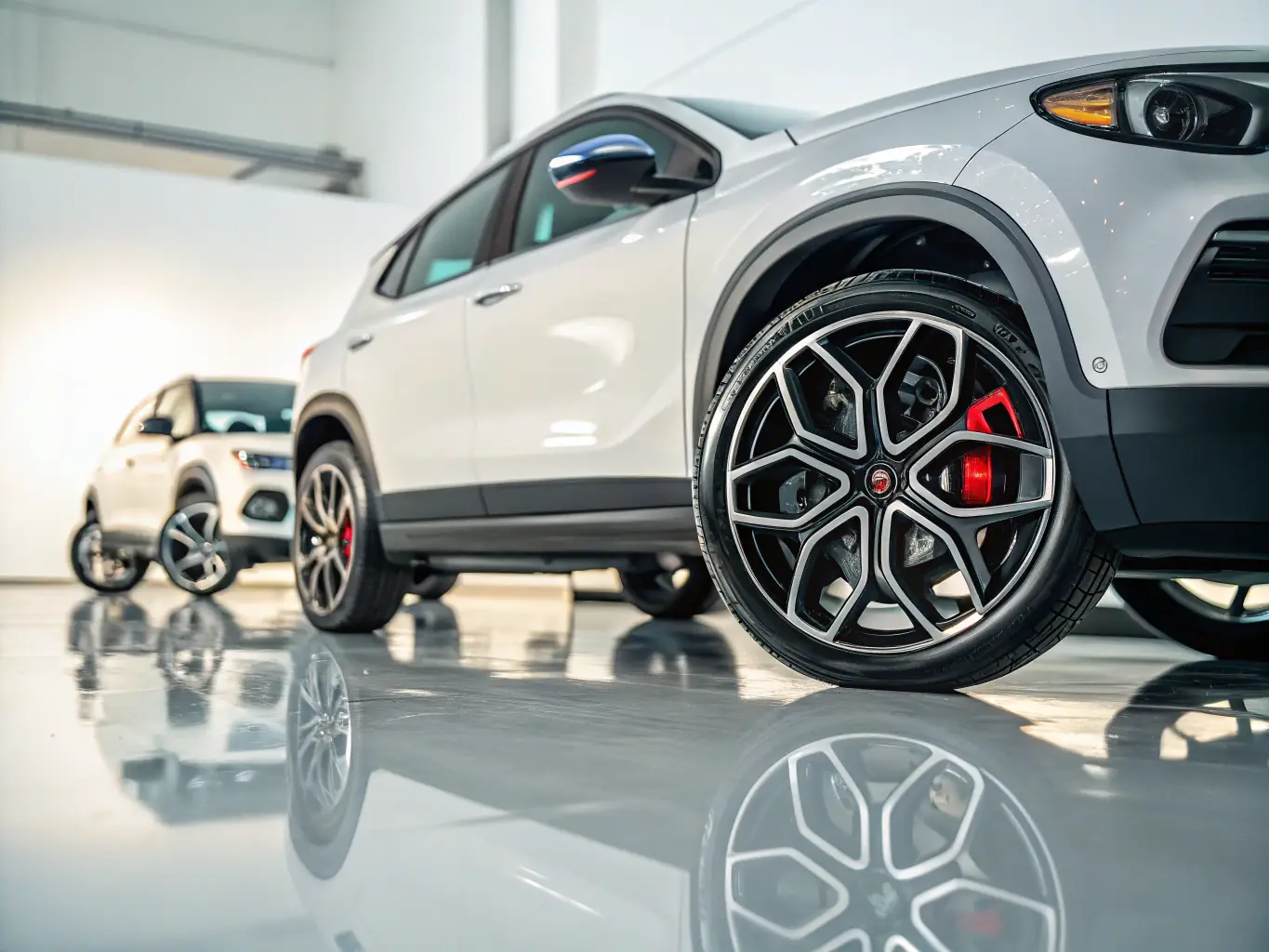 A close-up shot of a set of gleaming alloy wheels displayed on a rotating stand, highlighting their intricate design and finish. The background is a modern showroom with other wheel options and automotive accessories, creating an appealing visual for potential customers.