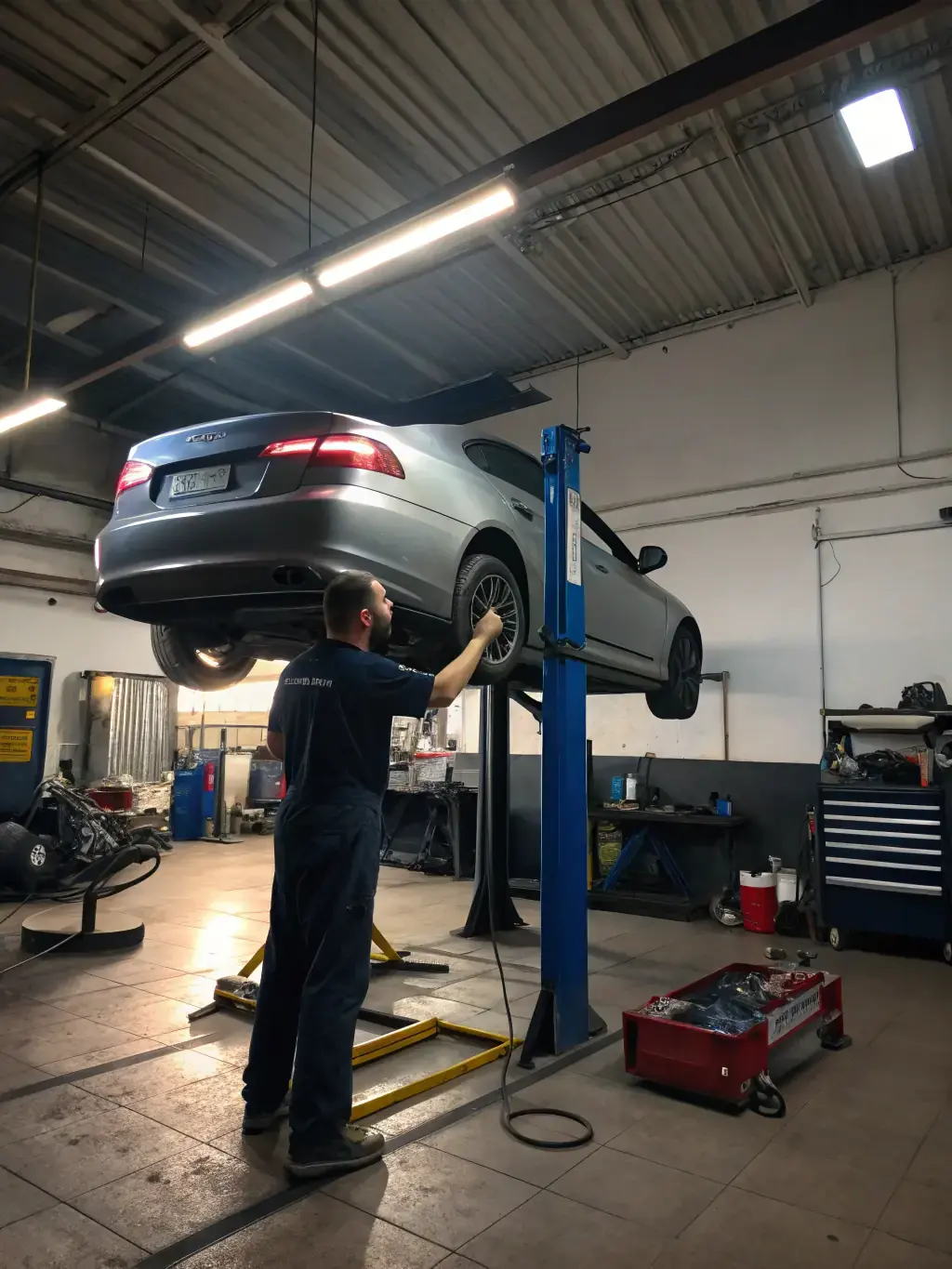 A mechanic performing a wheel alignment service using advanced diagnostic tools, ensuring vehicle stability and tire longevity.