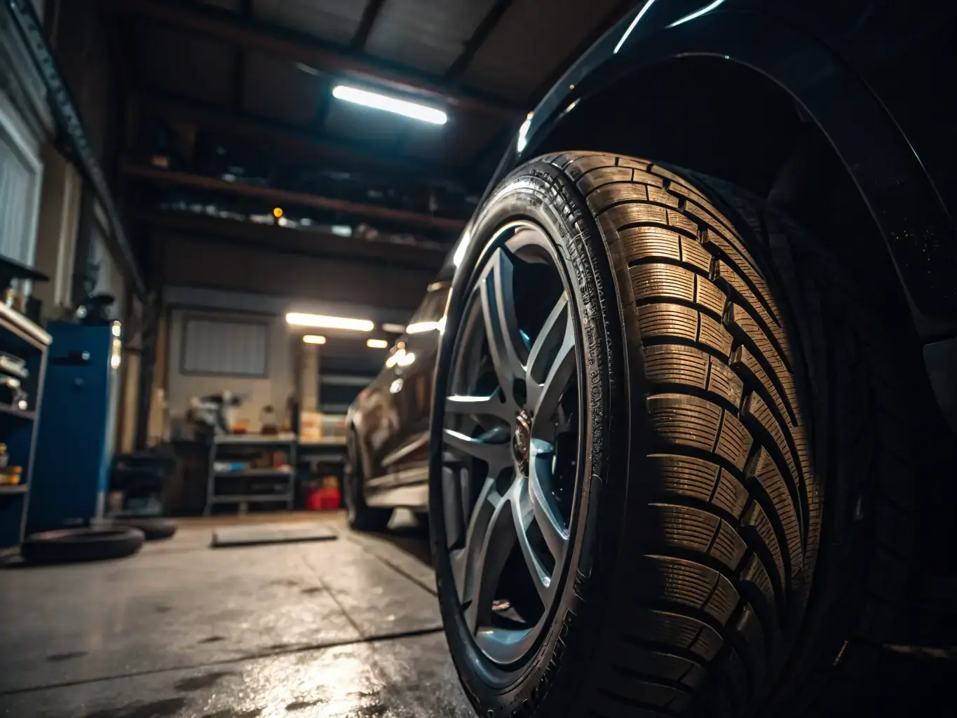 A high-angle shot of a brand new set of high-performance tires stacked neatly, with a blurred background of a modern sports car to imply their use.