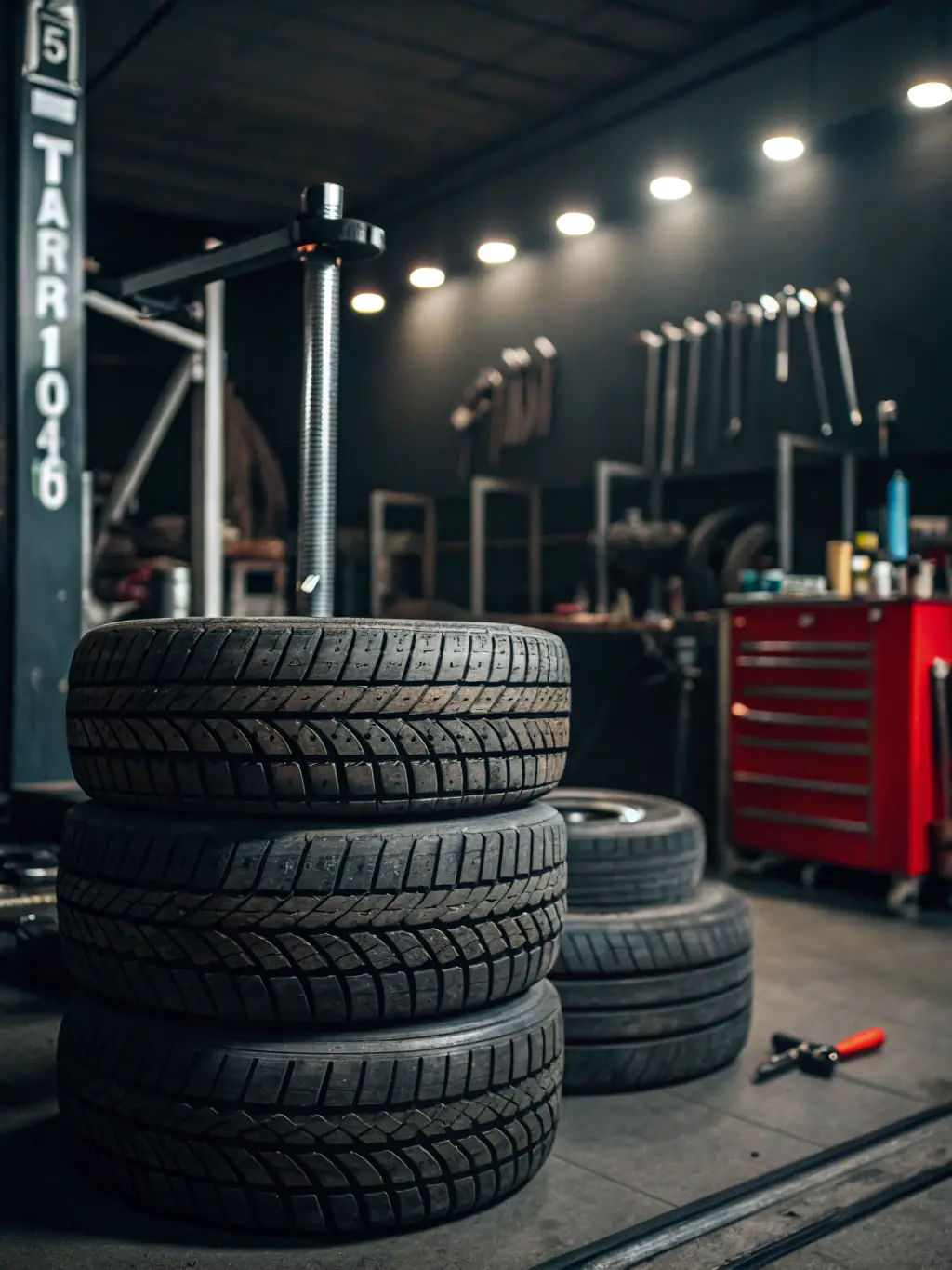 A high-angle shot of a neatly organized shelf displaying various brands and sizes of automotive tires in a warehouse setting, emphasizing the depth and breadth of TIRES UNLIMITED INTERNATIONAL CORP's tire selection.