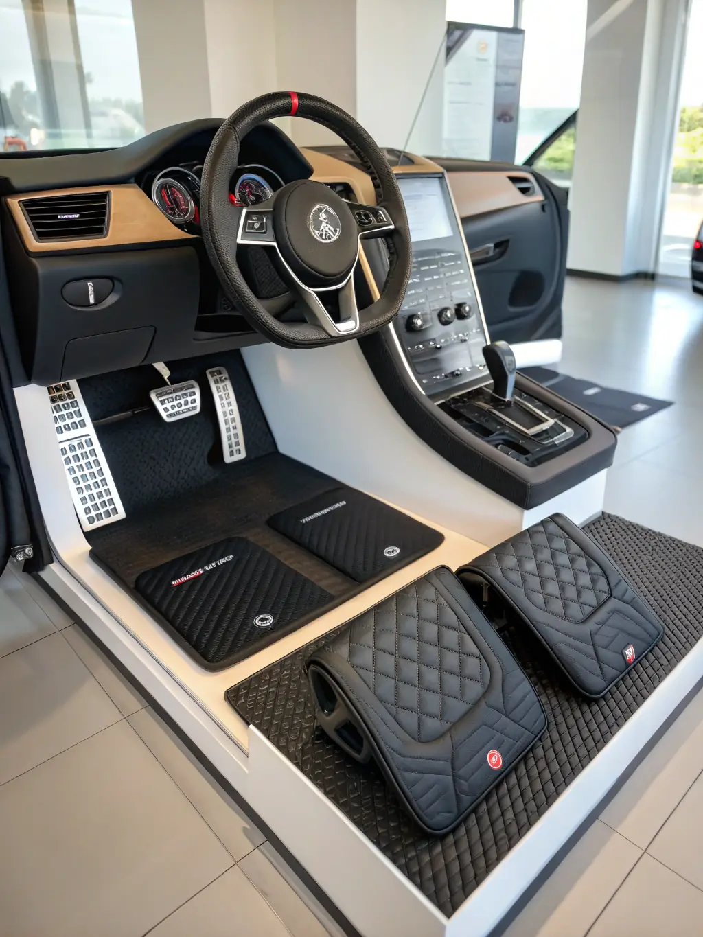 A well-lit display of various automotive accessories, including mirrors, lights, and interior components, highlighting the range of upgrade and replacement options available at TIRES UNLIMITED INTERNATIONAL CORP.
